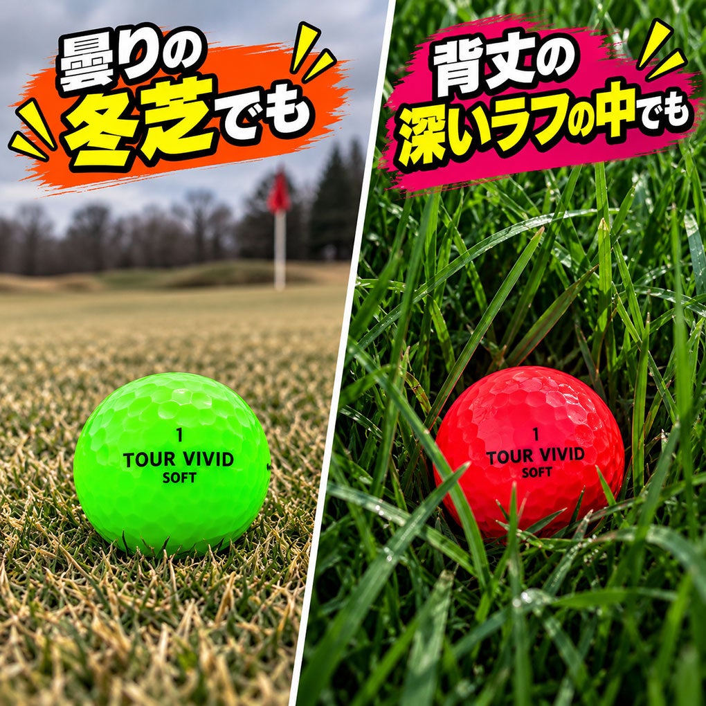 ゴルフボールゴルフボールTOURVIVIDSOFTPEARLツアービビットソフトパール2ピースディスタンス1ダース12球メッシュバッグ入り蛍光グリーンレッドカラーボール目立つ高反発