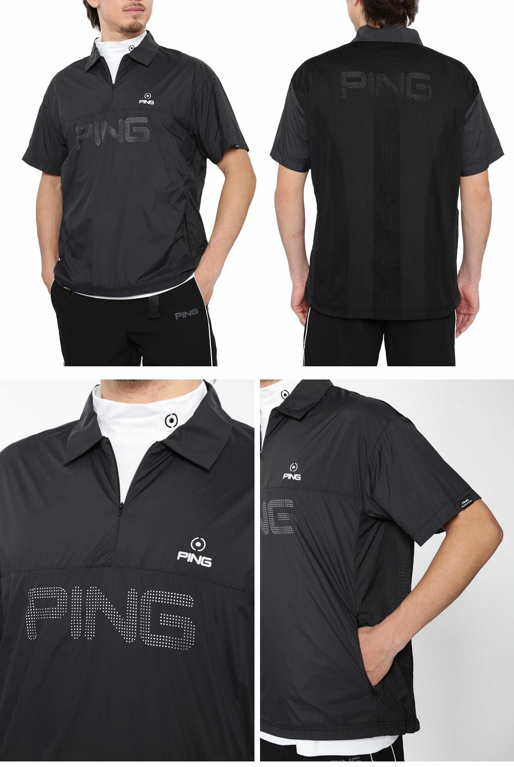 ピンPINGストレッチ布帛/メッシュジャガード半袖ハーフジップポロブルゾン621-5121203メンズゴルフウェア2025春夏モデル日本正規品