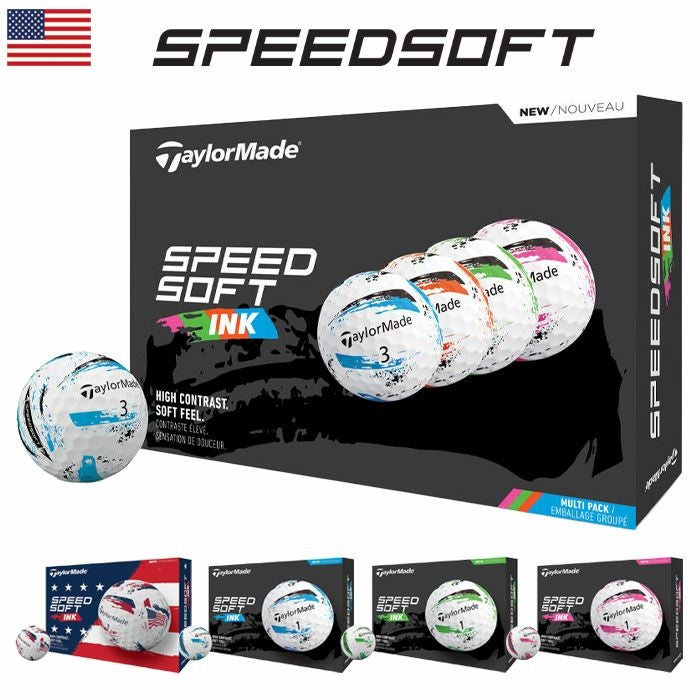 テーラーメイド2025SpeedSoftInkスピードソフトゴルフボール1ダース全12球/24球/36球ウレタンカバー2ピースUSA直輸入品