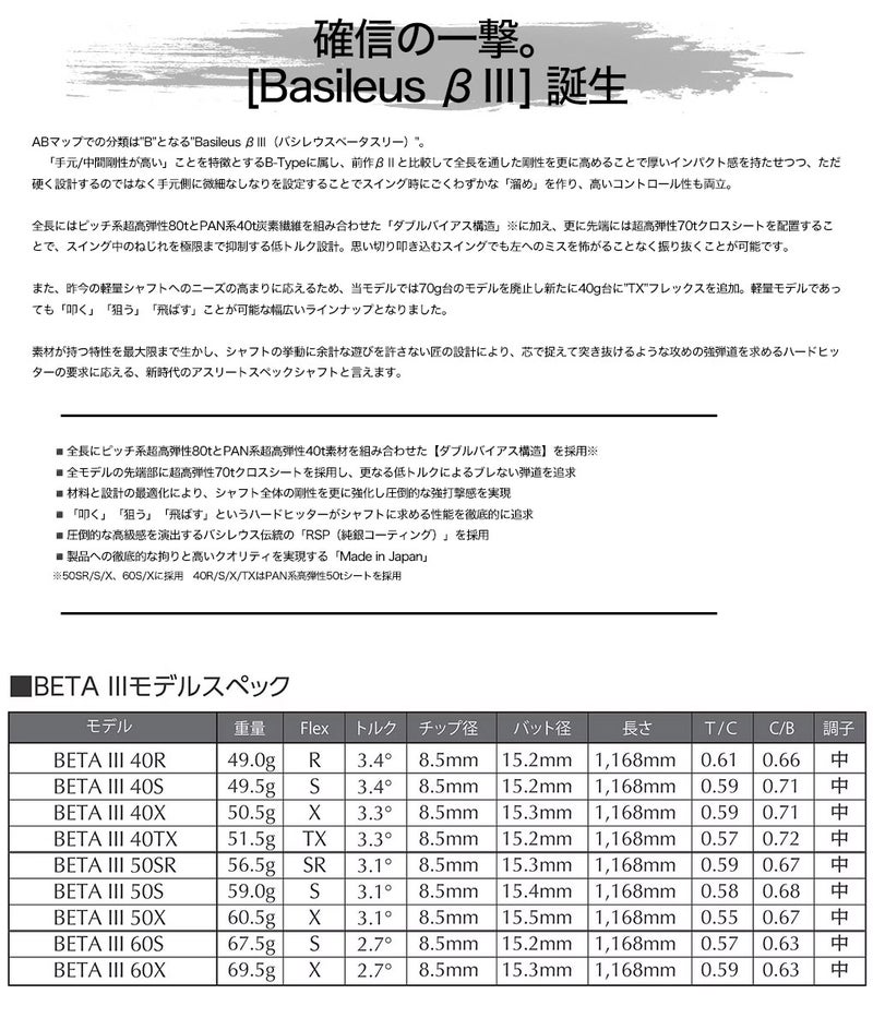 Basileus_バシレウス_βBETAⅢ_カーボンシャフト_ウッド用スリーブ付きシャフト