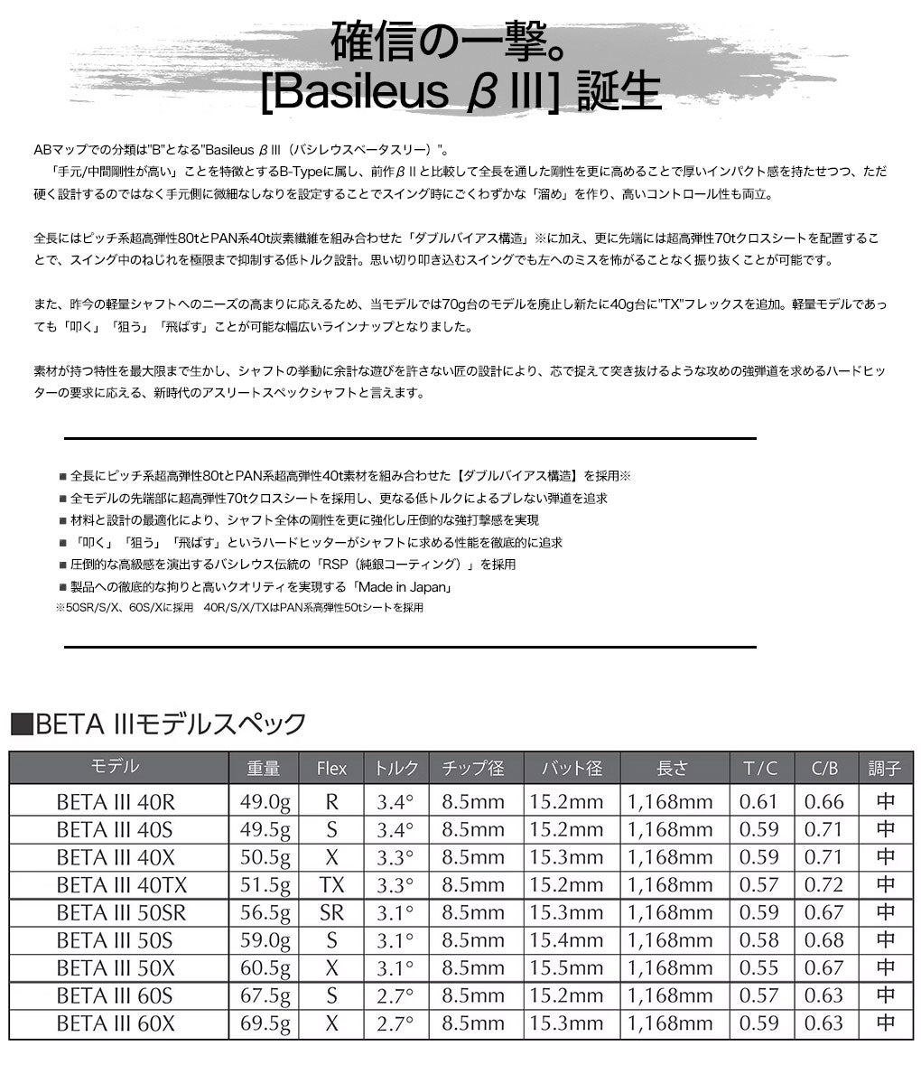 Basileus_バシレウス_βBETAⅢ_カーボンシャフト_ウッド用スリーブ付きシャフト