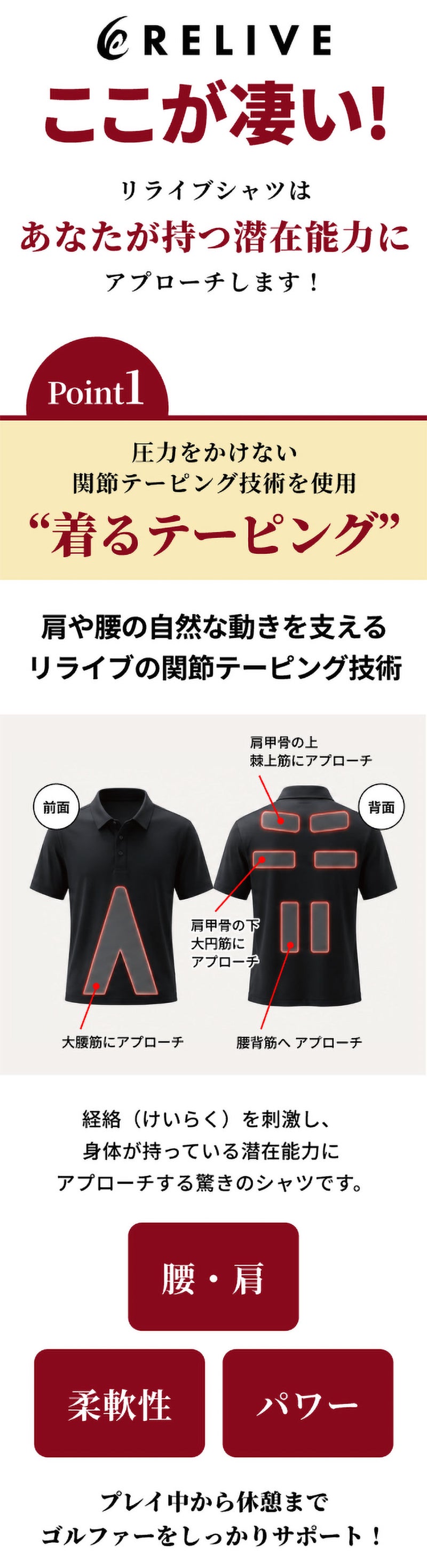 リライブの間接テーピング技術とゴルフ向けポロシャツの機能性・素材の特徴